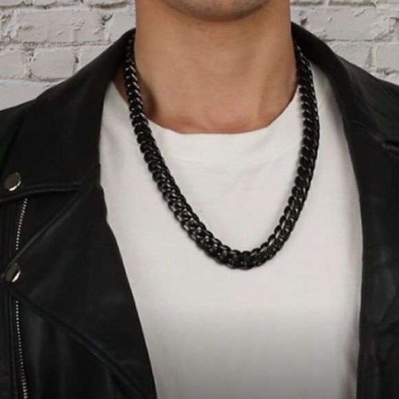 Men’s 15MM Long Cuban Black Stainless Necklace - Picture 1 of 9